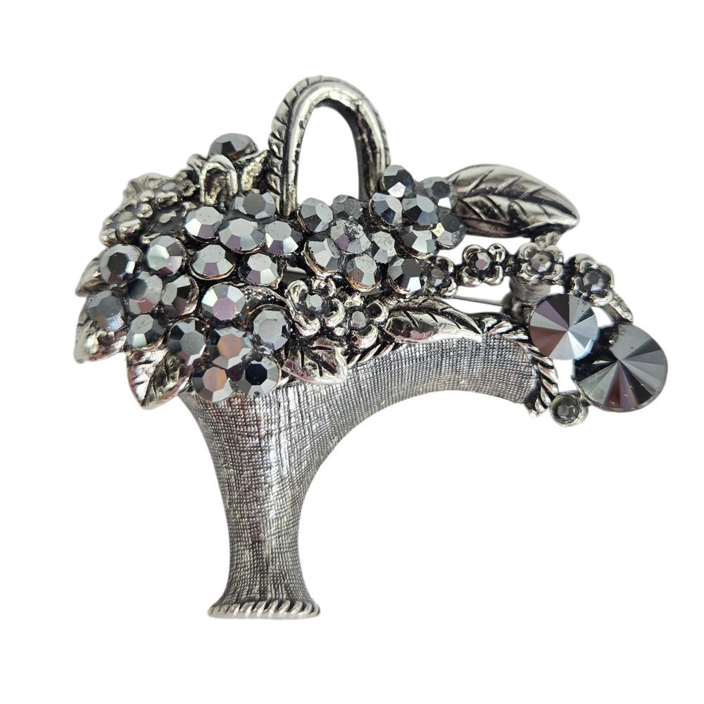 Sterling Silver Hematite Flower Rose Cut Large Basket Brooch Pin Vintage 21.6 G